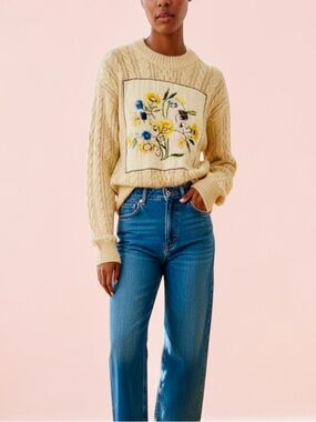 POL Cableknit ButterYellow Floral Embroidered Placket Cotton New Sweater NWOT S